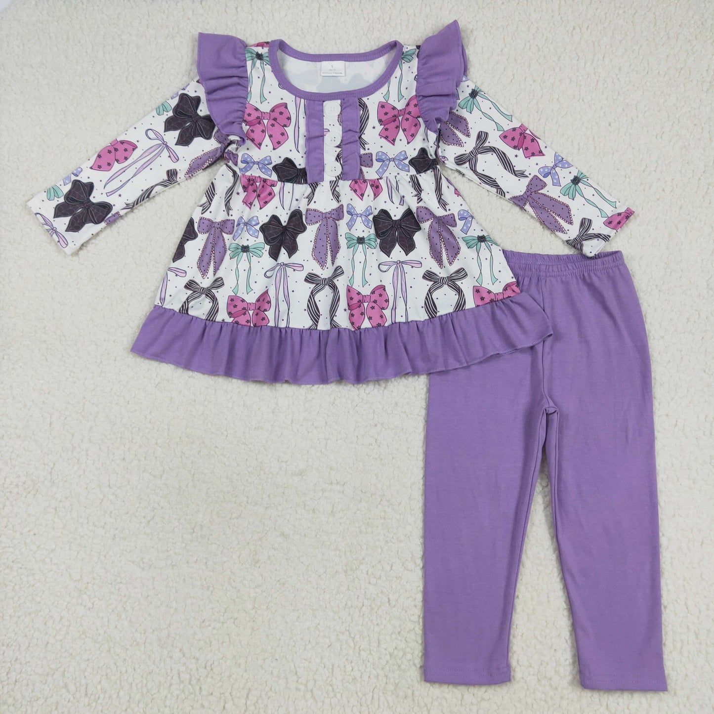 GLP2528  Baby Girls Long Sleeves Purple Bows Button Top Legging Pants Sets