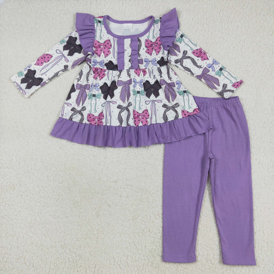 GLP2528  Baby Girls Long Sleeves Purple Bows Button Top Legging Pants Sets