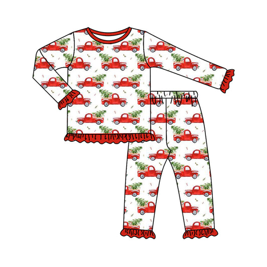 presale GLP2529  Baby Girls Long Ruffle Sleeves Car Trees Plaid Top Pant Pajamas Set D 6.25