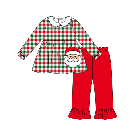 presale GLP2530 Baby Girls Long Sleeves Red Green Plaid Santa Tunic Ruffle Pant Set D 6.25