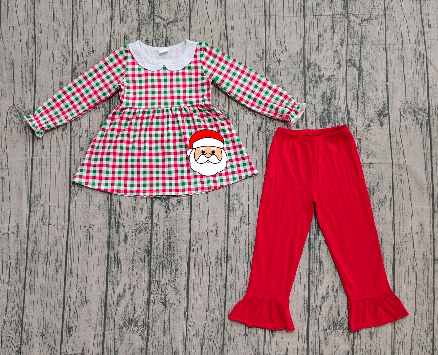 GLP2530 Baby Girls Long Sleeves Red Green Plaid Santa Tunic Ruffle Pant Set D 923