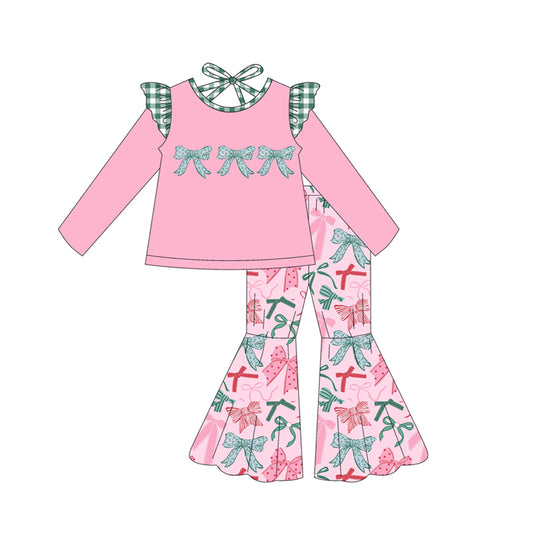 presale GLP2531 Baby Girls Pink Long Sleeves Floral Bows Tunic Bell Bottom Pant Set  D 6.25