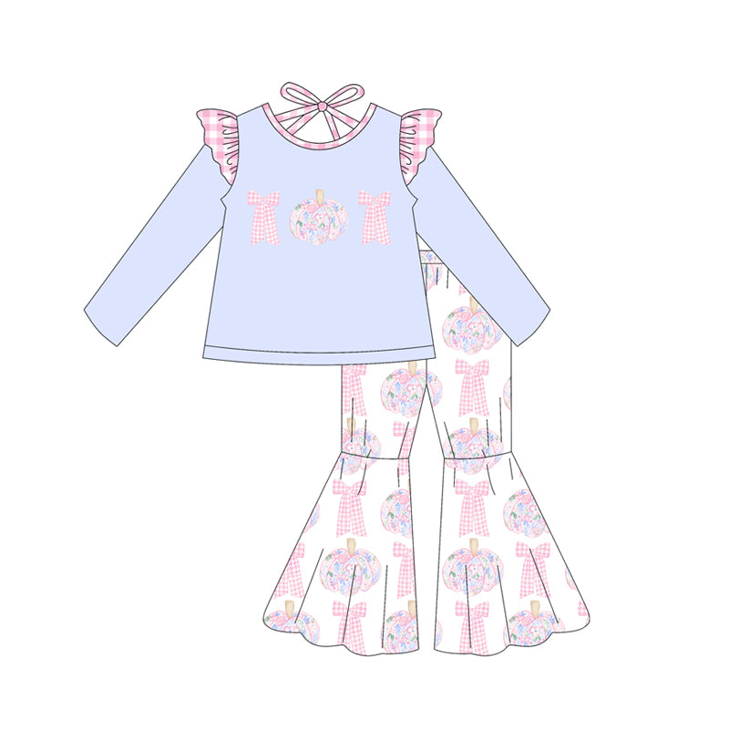 presale GLP2532 Baby Girls Long Sleeves Bows Pumpkins Tunic Bell Bottom Pant Set  D 6.25