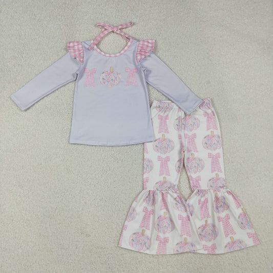 GLP2532 Baby Girls Long Sleeves Bows Pumpkins Tunic Bell Bottom Pant Set