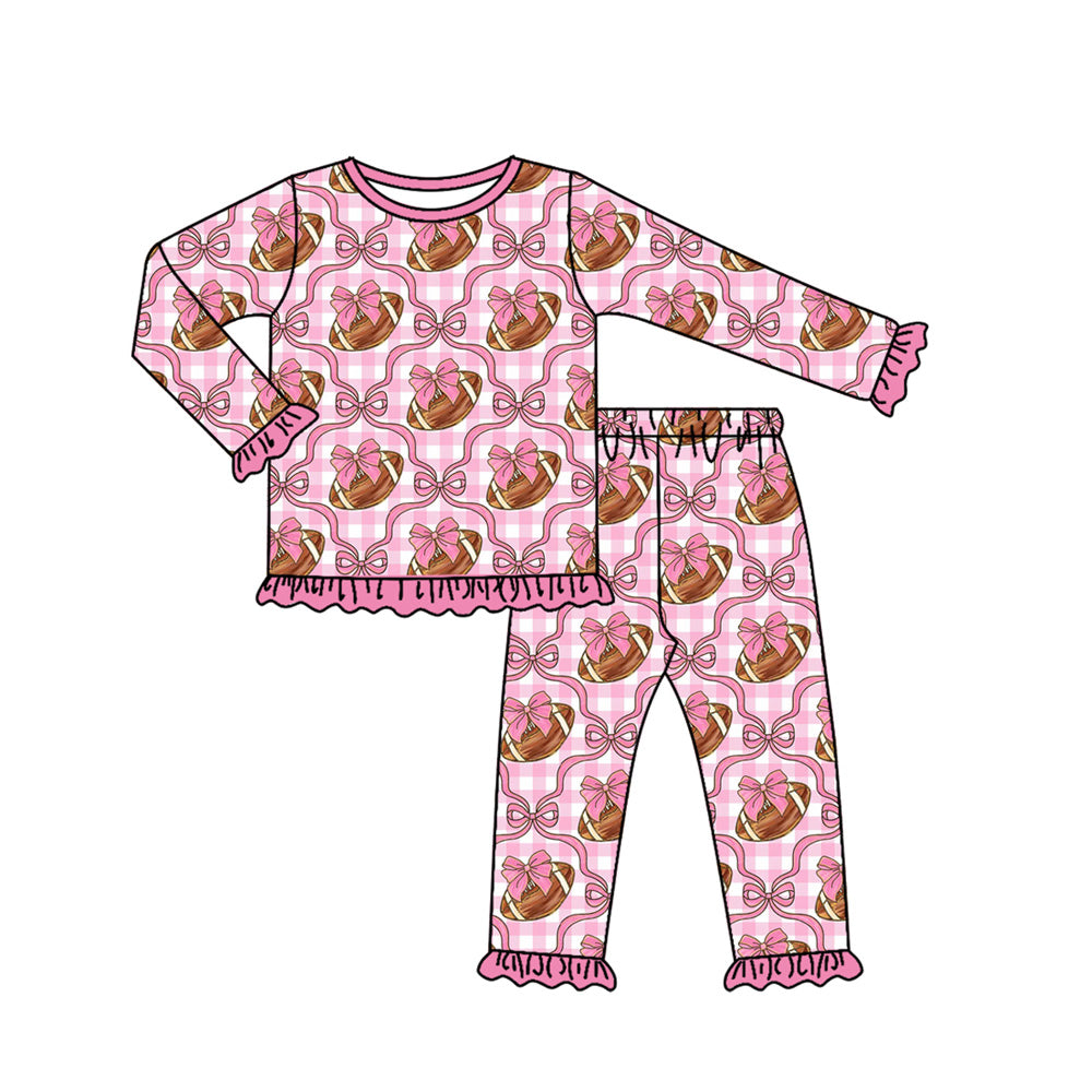 GLP2535 Baby Girls Long Ruffle Sleeves Bows Footballs Top Pant Pajamas Set D 828
