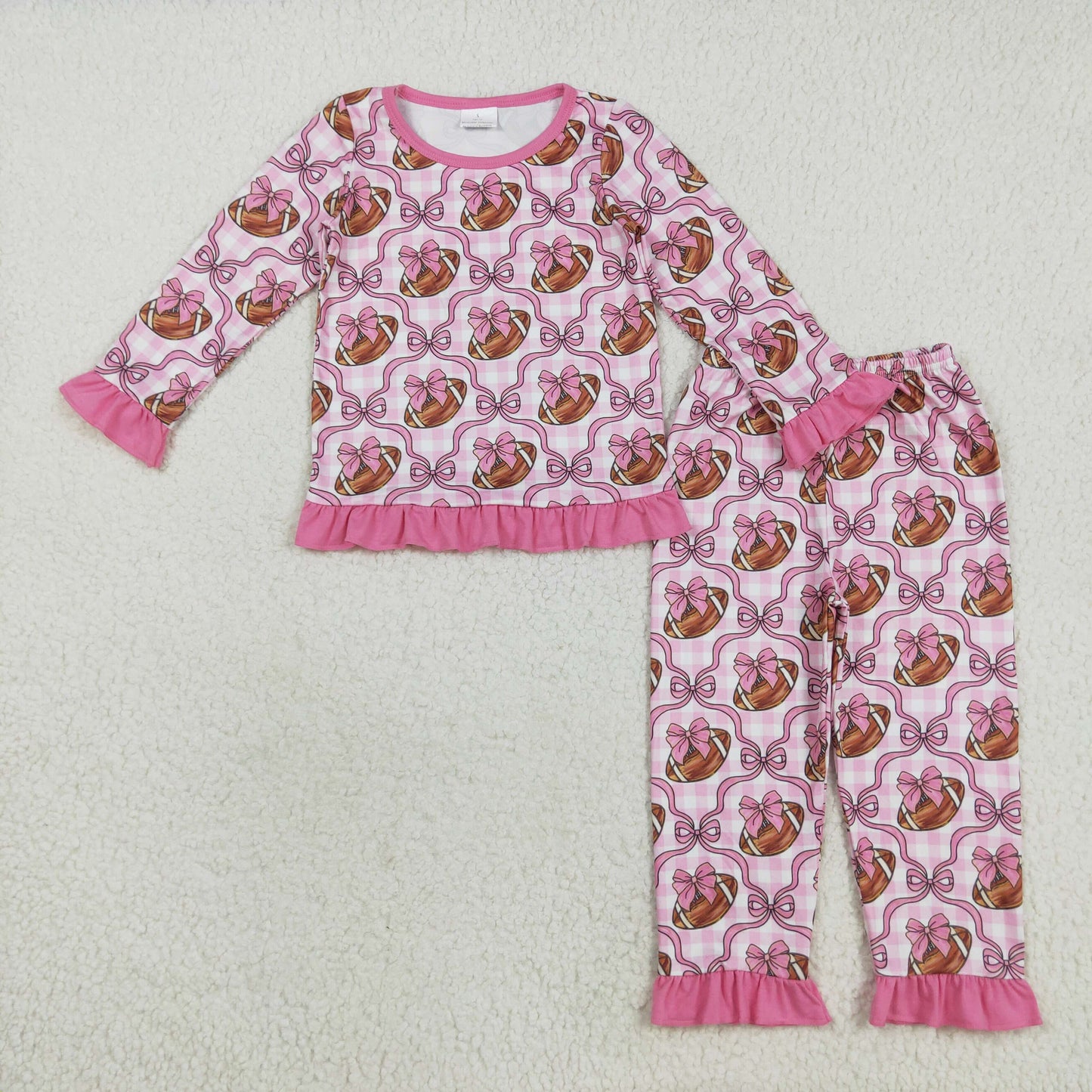 GLP2535 Baby Girls Long Ruffle Sleeves Bows Footballs Top Pant Pajamas Set D 828