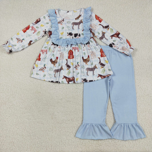 GLP2536 Baby Girls Long Ruffle Sleeves House Chicks Tunic Pant Farm Set D 7.21
