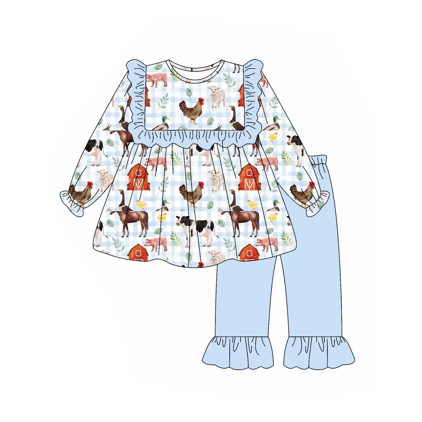GLP2536 Baby Girls Long Ruffle Sleeves House Chicks Tunic Pant Farm Set D 7.21
