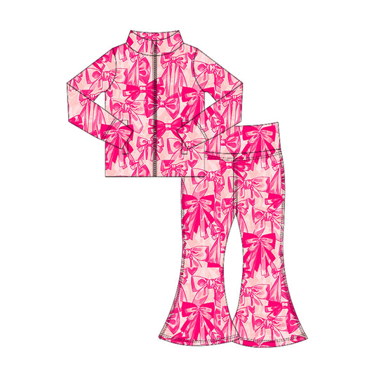 presale GLP2538 Baby Girls Pink Bows Plaid Zipper Pockets Top Bell Bottom Pant Yoga Set D 7.1