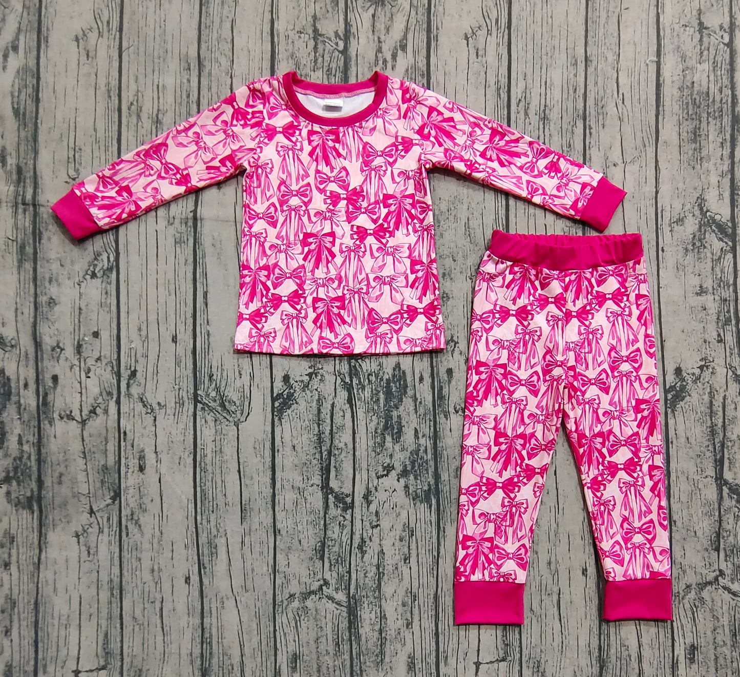 GLP2539  Baby Girls Long Sleeves Pink Bows Plaid Top Pant Pajamas Set D 821