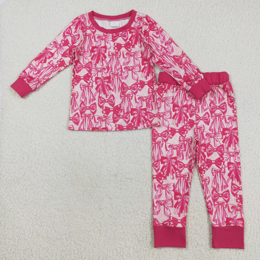 GLP2539 Baby Girls Long Sleeves Pink Bows Plaid Top Pant Pajamas Set D 821