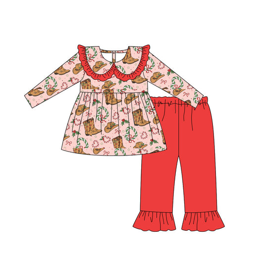 presale GLP2540 Baby Girls Pink Long Sleeves Holly Boots Tunic Ruffle Pants Set D 6.26