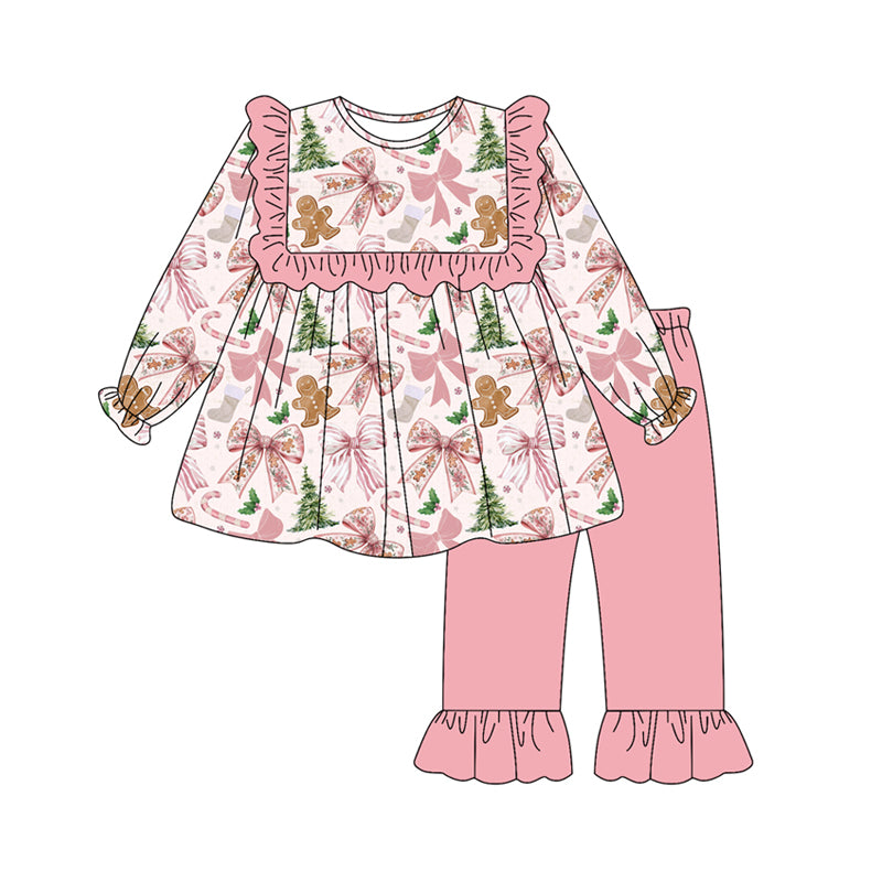 GLP2541 Baby Girls Pink Long Sleeves Trees Gingerbread Tunic Ruffle Pants Set D 903