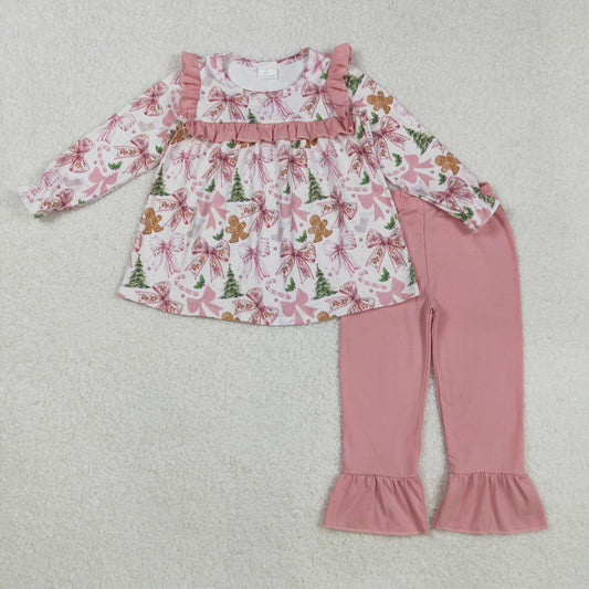 GLP2541 Baby Girls Pink Long Sleeves Trees Gingerbread Tunic Ruffle Pants Set