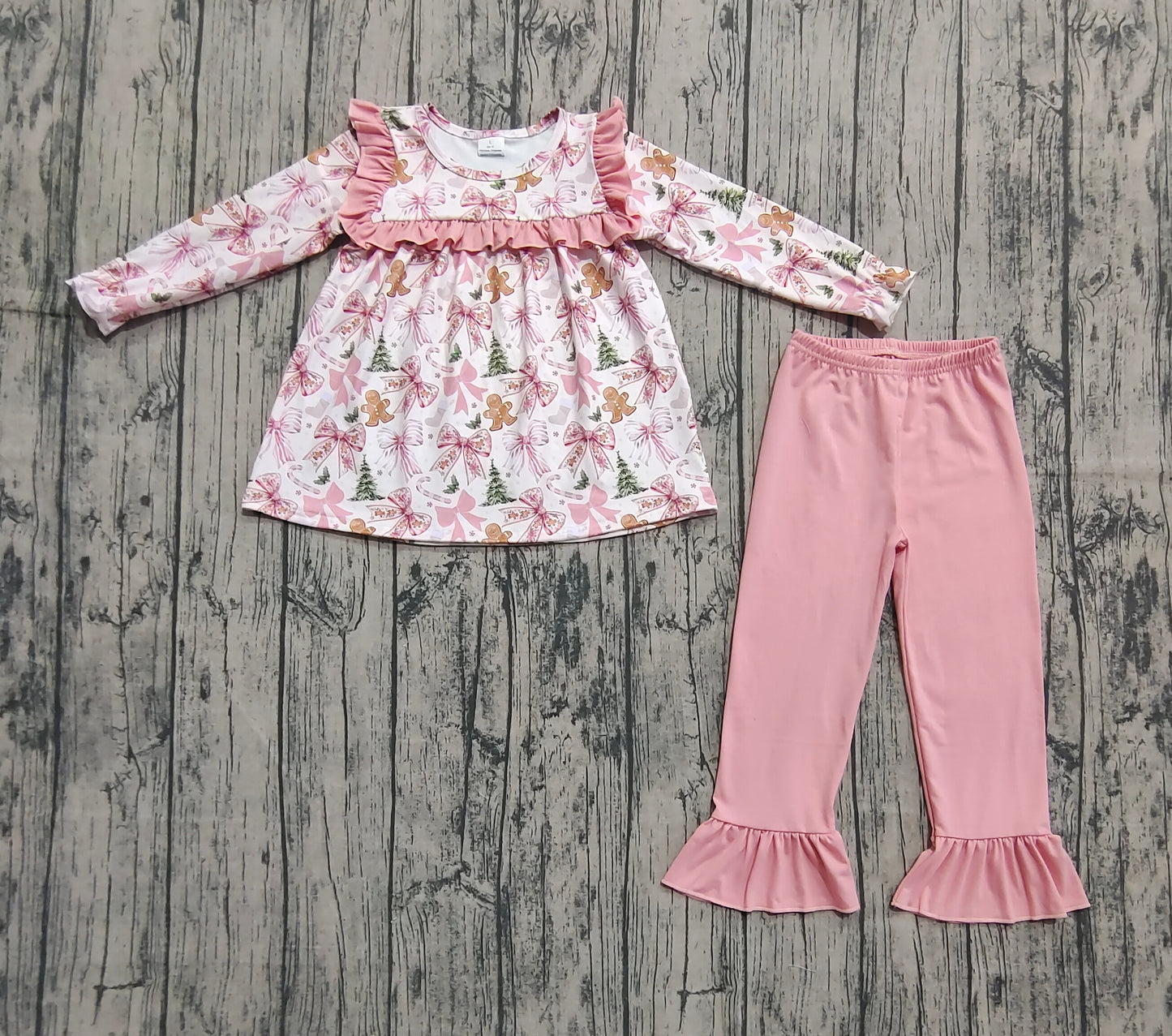 GLP2541 Baby Girls Pink Long Sleeves Trees Gingerbread Tunic Ruffle Pants Set D 903