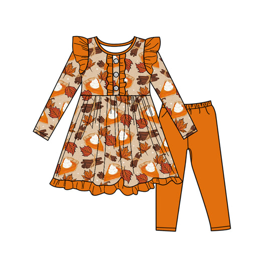 presale GLP2549  Baby Girls Long Sleeves Pie Leaves Button Tunic Legging Pant Set D 7.1