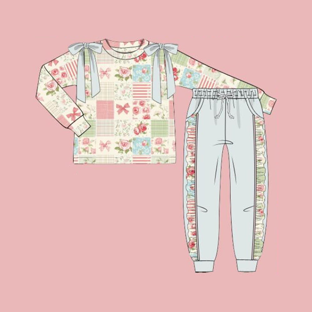presale GLP2551  Baby Girls Long Sleeves Flowers Plaid Top Pockets Legging Pant Se D 7.1