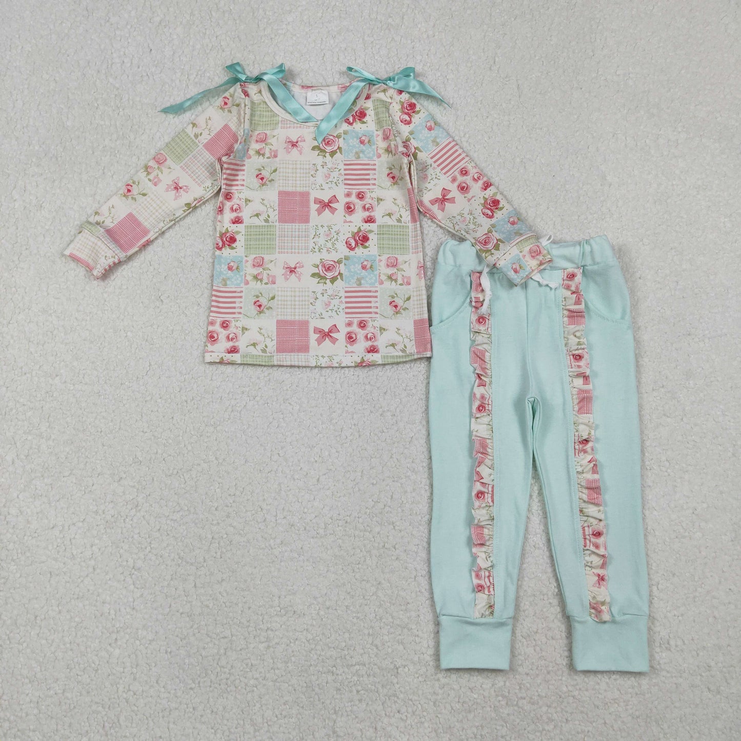 GLP2551  Baby Girls Long Sleeves Flowers Plaid Top Pockets Legging Pant Se D 1027