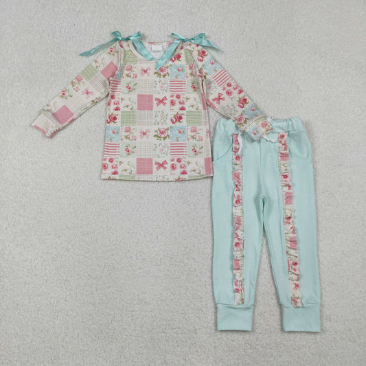 GLP2551 Baby Girls Long Sleeves Flowers Plaid Top Pockets Legging Pant Se D 1027