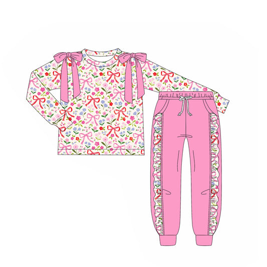 presale GLP2552  Baby Girls Long Sleeves Pink Bows Flowers Top Pockets Pant Set D 7.3