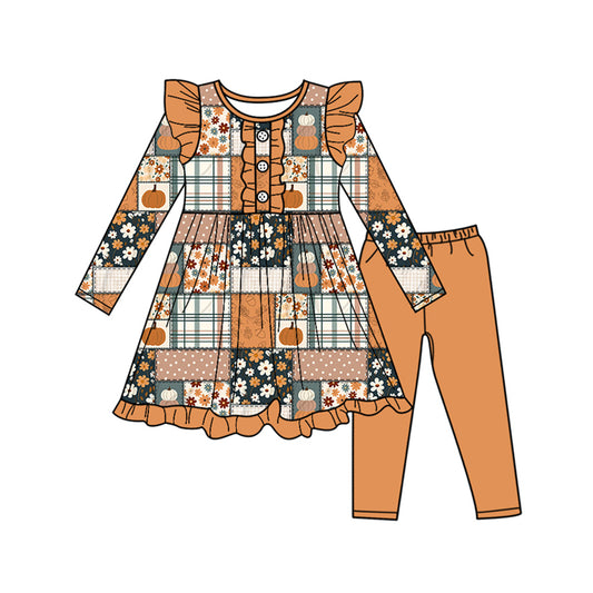 presale GLP2553 Baby Girls Long Sleeves Pumpkins Flowers Button Tunic Legging Pant Set  D 7.3