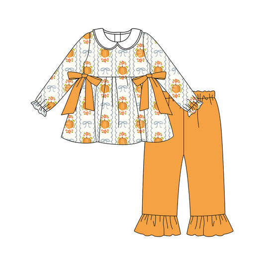 presale GLP2554 Baby Girls Long Sleeves Pumpkins Bows Plaid Tunic Ruffle Pant Set  D 7.3