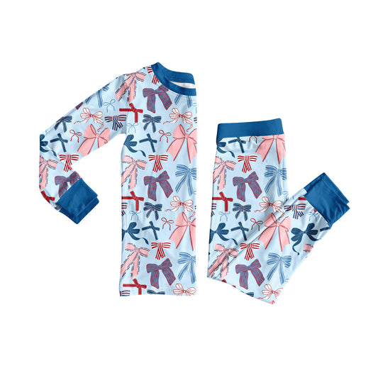 presale GLP2555 Baby Girls Long Sleeves Colorful Bows Top Pant Pajamas Set D 7.3