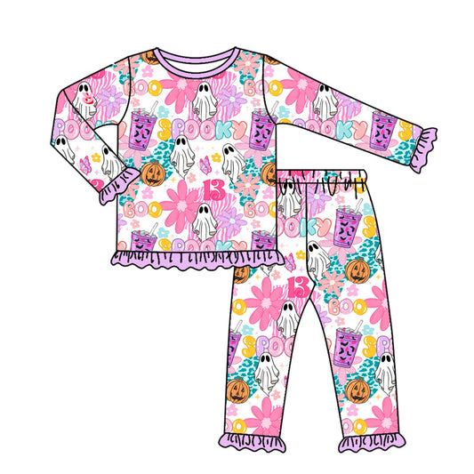 presale GLP2556  Baby Girls Long Sleeves Pink Ghosts Flowers Top Pant Pajamas Set D 7.3