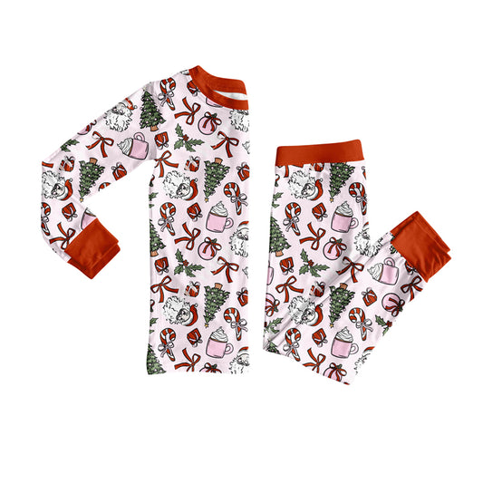 presale GLP2557 Baby Girls Long Sleeves Santa Bows Trees Top Pant Pajamas Set D 7.3