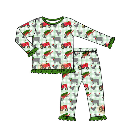 presale GLP2561 Baby Girls Long Ruffle Sleeves Christmas Farm Top Pant Pajamas Set D 7.4