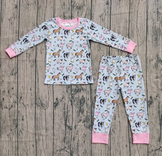 presale GLP2564  Baby Girls Long Sleeves Horses Chicks Top Pant Farm Pajamas Set  D 918
