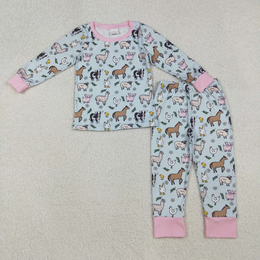 GLP2564  Baby Girls Long Sleeve Farm Animal Pant Farm Pajamas Set