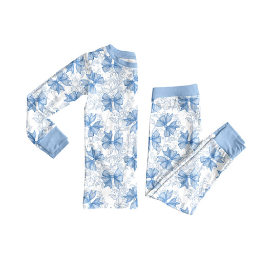 presale GLP2565 Baby Girls Long Sleeves Blue Bows Floral Plaid Top Pant Pajamas Set  D 7.5