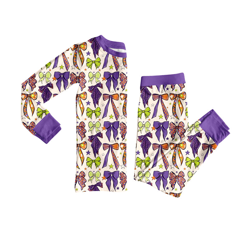 GLP2566 Baby Girls Long Sleeves Purple Bows Stars Plaid Top Pant Pajamas Set  D 7.5
