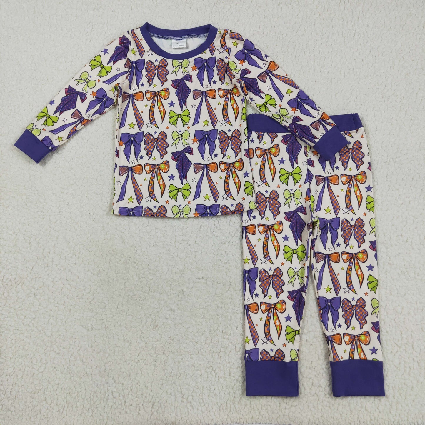 GLP2566 Baby Girls Long Sleeves Purple Bows Stars Plaid Top Pant Pajamas Set