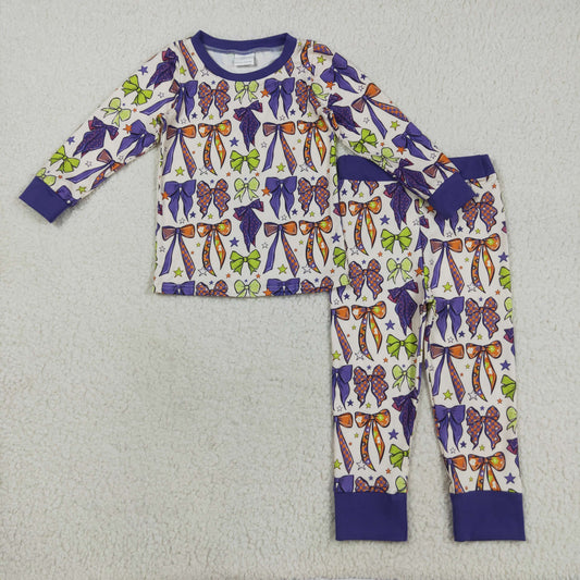 GLP2566 Baby Girls Long Sleeves Purple Bows Stars Plaid Top Pant Pajamas Set