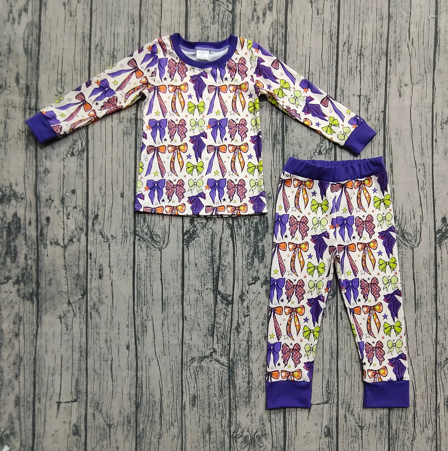 presale GLP2566 Baby Girls Long Sleeves Purple Bows Stars Plaid Top Pant Pajamas Set  D 7.17