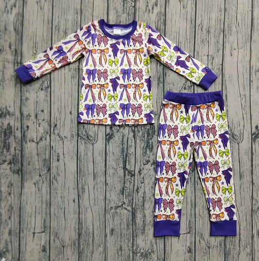 presale GLP2566 Baby Girls Long Sleeves Purple Bows Stars Plaid Top Pant Pajamas Set  D 7.17