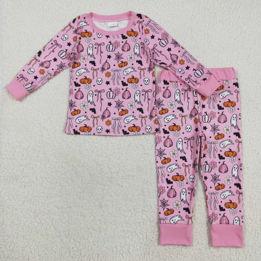 GLP2567  Baby Girls Long Sleeves Pink Ghost Pumpkins Top Pant Pajamas Set