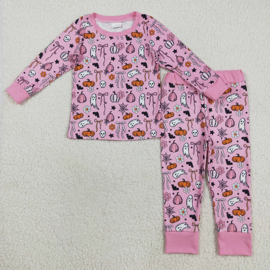 GLP2567 Baby Girls Long Sleeves Pink Ghost Pumpkins Top Pant Pajamas Set D 7.16