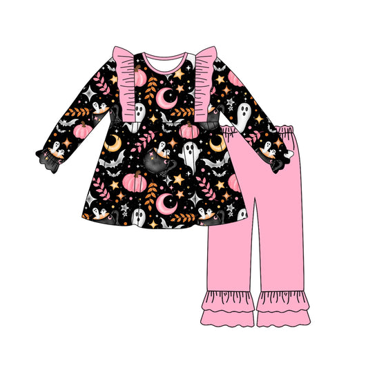 presale GLP2568 Baby Girls Long Sleeves Ghost Pumpkins Top Ruffle Pants Set D 7.5