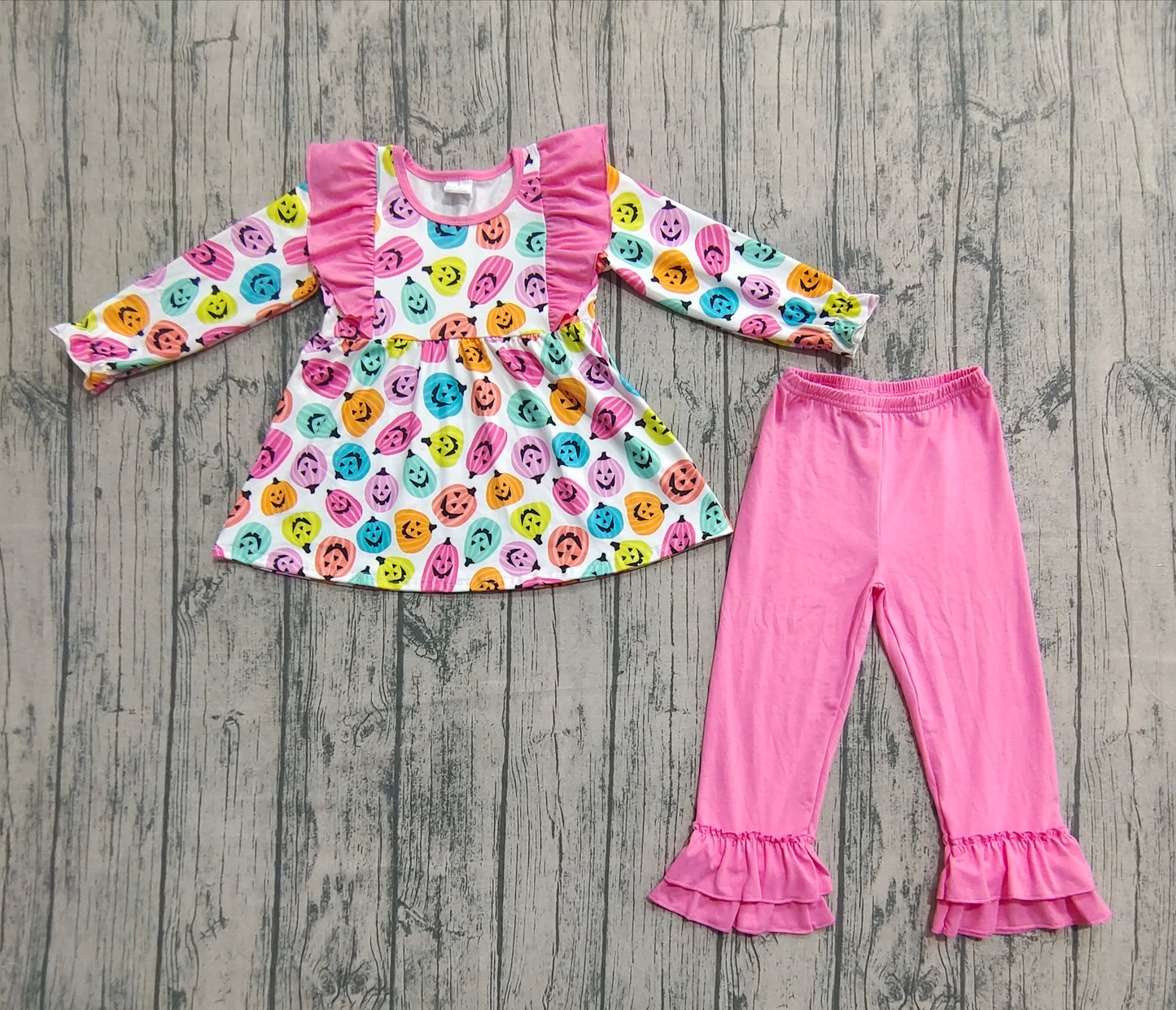GLP2569 Baby Girls Long Sleeves Colorful Ghost Pumpkins Top Ruffle Pants Set  D 908