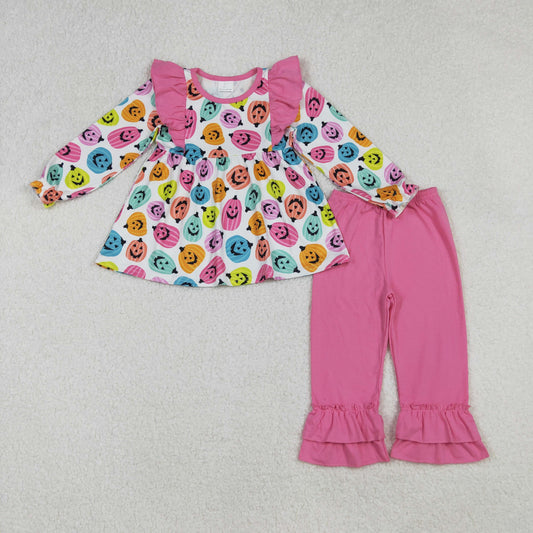 GLP2569 Baby Girls Long Sleeves Colorful Ghost Pumpkins Top Ruffle Pants Set D 908