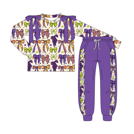 presale GLP2570 Baby Girls Long Sleeves Purple Bows Plaid Top Pockets Pants Set D 7.5
