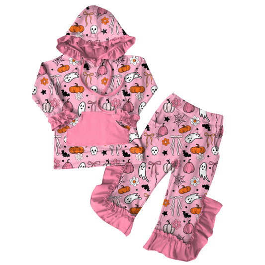 presale GLP2571 Baby Girls Long Sleeves Pink Ghost Pumpkins Pockets Hoodie Ruffle Pants Set D 7.5