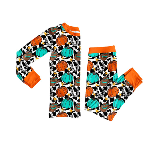 presale GLP2572 Baby Girls Long Sleeves Cow Print Pumpkins Hats Top Pant Pajamas Set  D 7.5