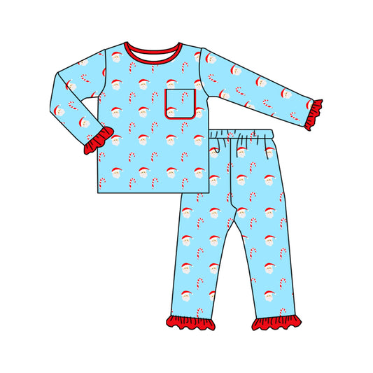 presale GLP2574 Baby Girls Long Ruffle Sleeves Santa Candy Cane Pocket Top Pant Pajamas Set D 7.5