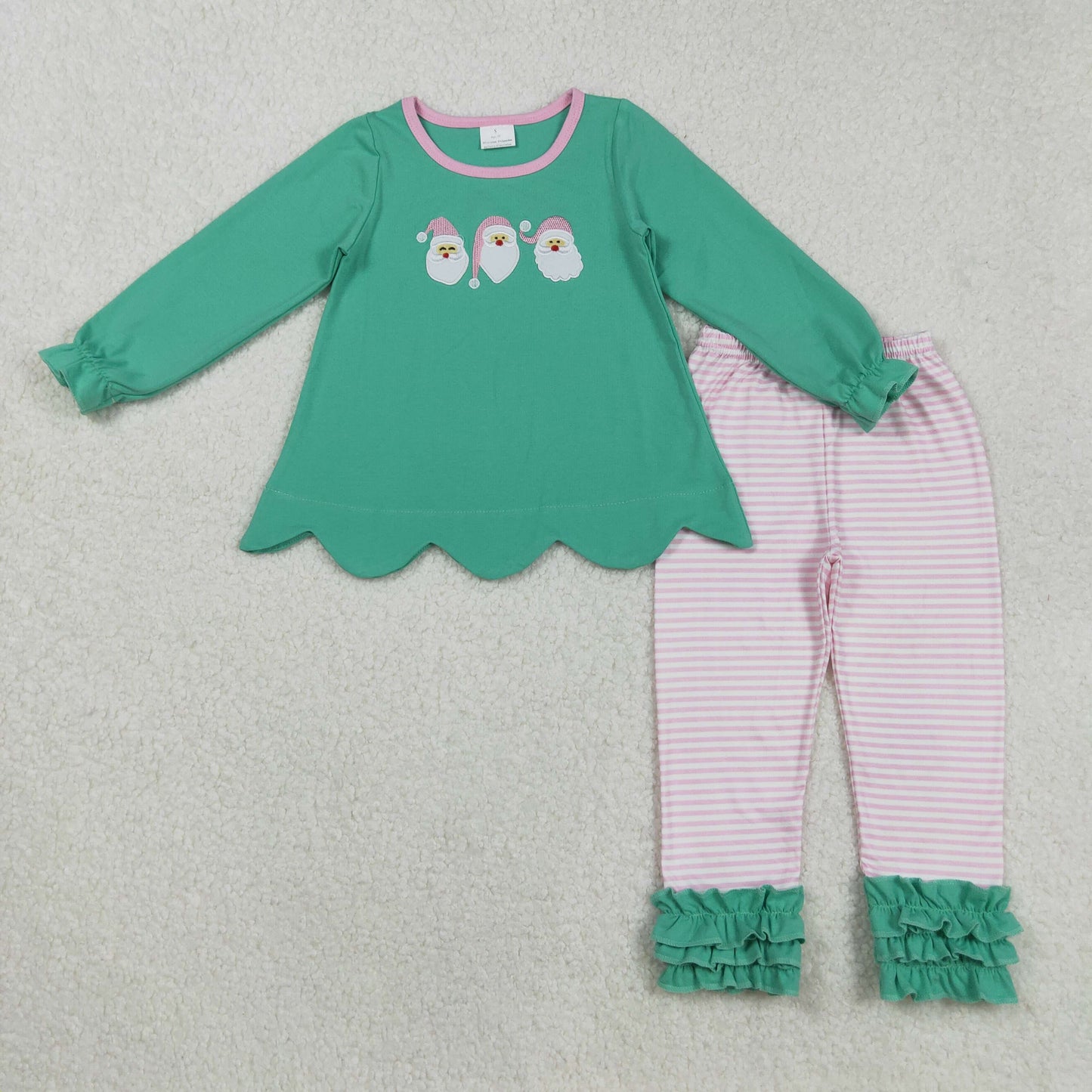 GLP2575 Baby Girls Green Long Ruffle Sleeves Santa Tunic Stripe Icing Pants Set