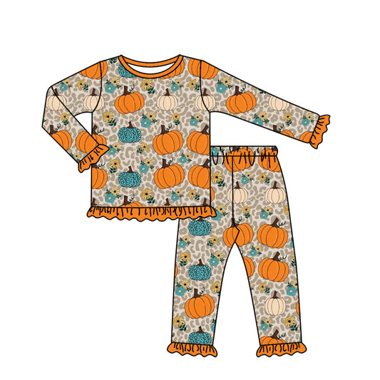presale GLP2576 Baby Girls Long Ruffle Sleeves Leopard Pumpkins Flowers Top Pant Pajamas Set D 7.8