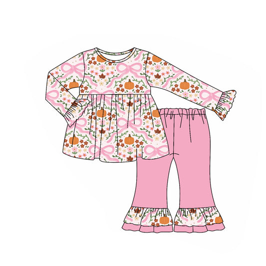 presale GLP2577 Baby Girls Long Ruffle Sleeves Bows Floral Pumpkins Plaid Tunic Flare Pant Set D 7.8